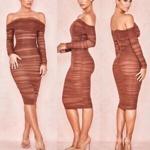 NWOT House of CB London Anais Brown Tulle Off Shoulder Ruched Dress XS